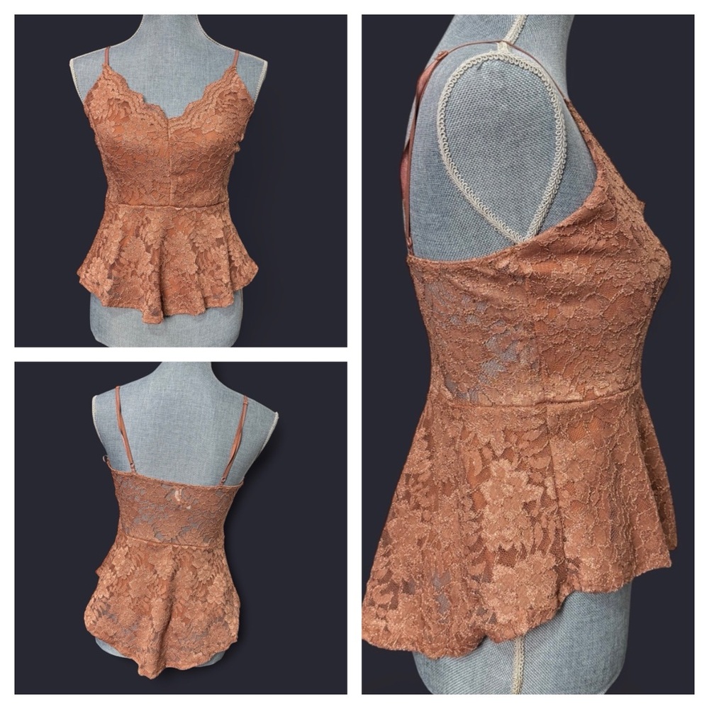 Chocolate USA Rust Lace Peplum Cami Babydoll Boho Romantic Coquette Fairy Sz M